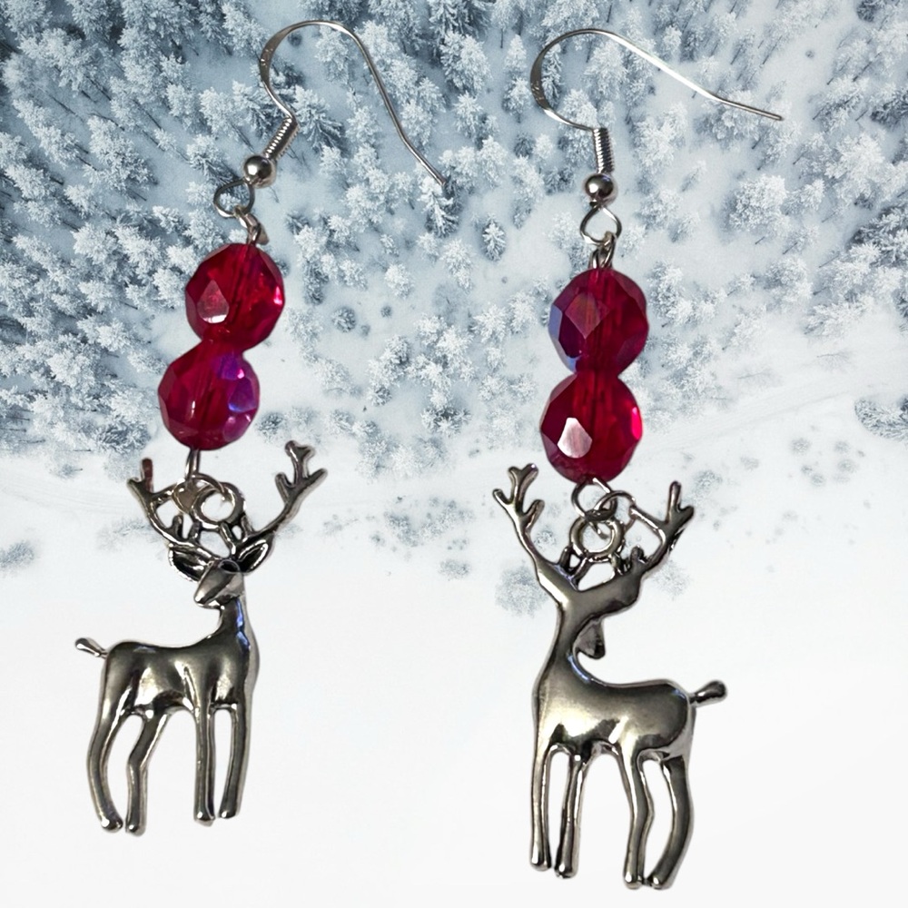Handmade Earrings Silver Reindeer Red Beads Dangle Handmade Pierced